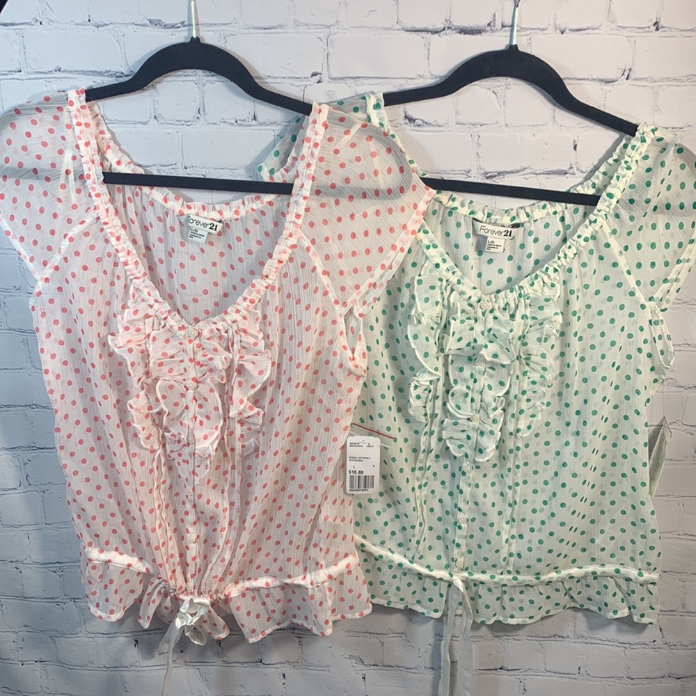 Forever 21 - Sheer Polka Dot Ruffle Tie Waist Top Bundle NWT Size Large (2tops)